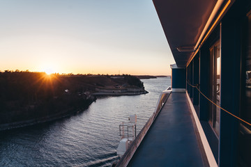 Large car ferry passing the narrow fortification in the Stockholm archipelago, Sweden