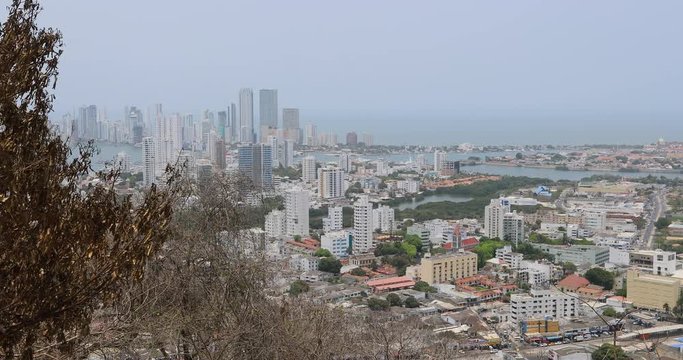 Cartagena Columbia city from Monastery hill. Major port trading center founded by Colonial Spanish in 1533. Old town and walled protected city. Economy based on tourism and commerce.
