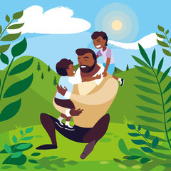 afro father with sons characters in the field