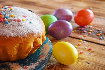 Beautiful painted eggs and cake on wooden background.Easter.