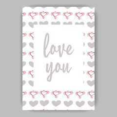 Valentine's day card white with hearts gray and pink on a white background hand-drawn