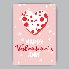 Fototapeta na wymiar Valentine's day pink card with a white heart in red polka dots