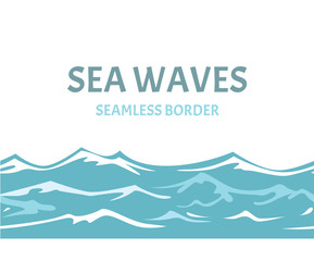 Sea waves seamless border. Vector illustration of blue water in cartoon flat simple style.