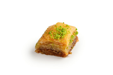 Pistachio baklava on a white background. Dessert.