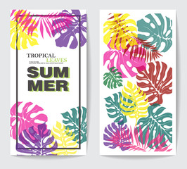 two discount flyers with tropical green leaves, pink and purple flowers, stripes