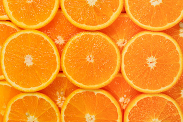 Slices of oranges as a background, top view.