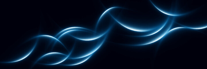 Blue glowing abstract waves on a black backdrop. Beautiful panoramic background.