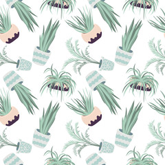 Seamless pattern with houseplants. Vector floral pattern in pastel colors