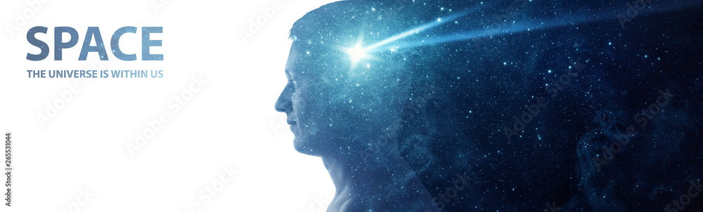 Wall mural silhouette of a man with the space as a brain isolated on white background. the universe is within u