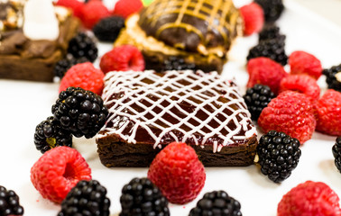 Delicious brownie desert with berries on white plate 