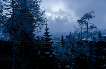 Scary Sunrise over gloomy mountain town in Colorado, USA. 