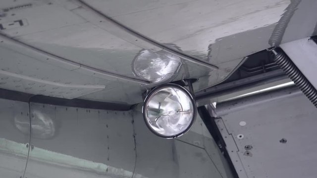 the headlight on the wing lights up airplane 4k