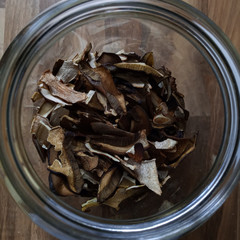 Dried mushrooms for food preparation and cooking, kitchen spices.