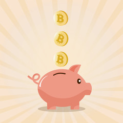 Flat icon piggy bank with coins, bitcoin isolated on Blue background. Vector illustration.