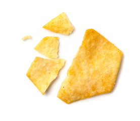 broken potato chips isolated on white background