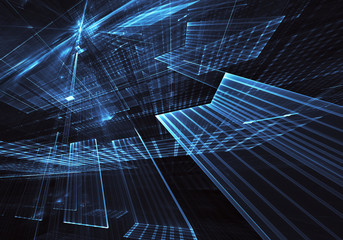 Abstract 3D fractal background, 3D illustration. Virtual Neon City