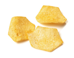 Tasty crispy potato chips isolated on white background