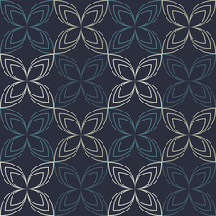 Seamless vector geometric floral ornament with abstract outline leaves in monochrome blue colors on dark background. Ornamental pattern in asian style
