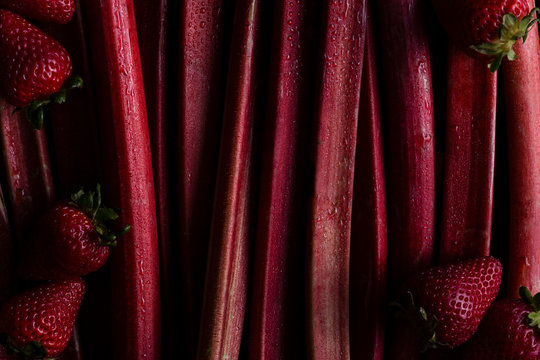 Close up of fresh rhubarb and strawberries