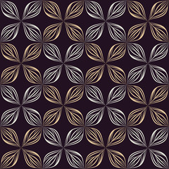 Fototapeta premium Seamless vector plaid floral wallpaper with abstract outline leaves in contrast white, gold colors on black background. Ornamental pattern with earsten motif