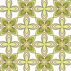 Seamless vector geometric floral pattern with flowers and leaves in pastel green colors on white background. Colorful ornament with asian motif