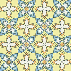 Seamless vector geometric floral pattern with flowers and leaves in pastel blue colors on yellow background. Colorful ornament with asian motif