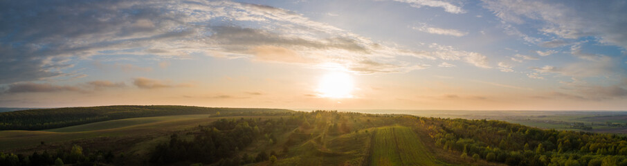 Naklejka na ściany i meble Landscape of the Ukrainian forest at sunset. 