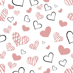 pattern with pink and black hearts on a white background hand-drawn