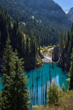 Kaindy river from Kungey Alatau mountain range at turquoise Kaindy Lake Kazakhstan