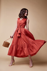 Pretty beautiful sexy elegance woman skin tan body fashion model glamor pose wear trend dress...