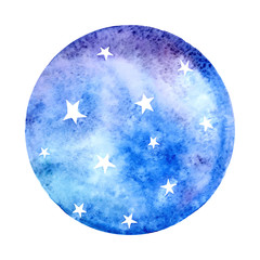 Vector watercolor space in shape of circle. Hand drawn illustration with paper texture. Round night sky with stars on white background. - 265537682