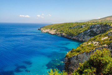 Zakynthos Island coast line, with crystal clear waters and hidden caves.
