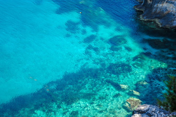 Zakynthos Island coast line, with crystal clear waters and hidden caves.