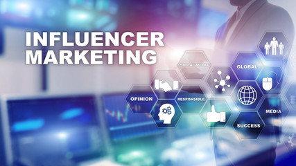 Influencer marketing concept in business. Technology, Internet and network. Abstract background...