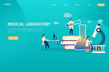 Medical laboratory design concepts, individual health tests, personal analysis. Medical Pharmacy Service Equipment for Research. Flat vector illustration with people for mobile applications, templates