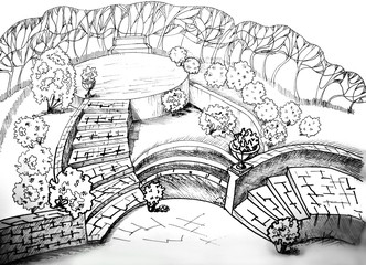 design of the park, black and white illustration in the technique of staffing