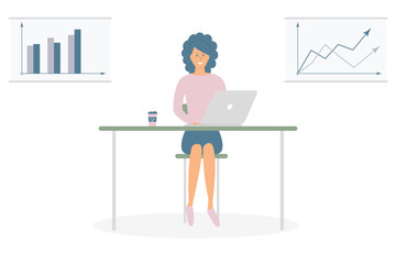 Cute woman freelancer work by computer at the table. Successful female character. Young calm freelance worker with laptop on desk with cup of coffee. Posters with infographics.Flat cartoon vector