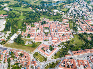 Obraz premium Karlovac city center, inside six-pointed star-shaped Renaissance fortress built against Ottomans, Croatia. Regular orthogonal planning and logical street layout of ideal town