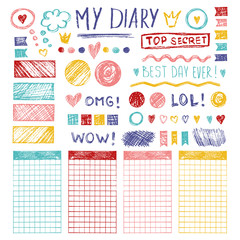 Vector set of hand drawn sketch elements and words for girl's diary. Doodle style. - 265540010