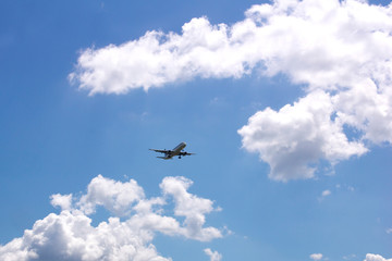 Passenger airplane in a blue sky with clouds