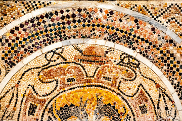 Bari, Italy - March 10, 2019: mosaic on the floor of the minor basilica of San Nicolas de Bari.