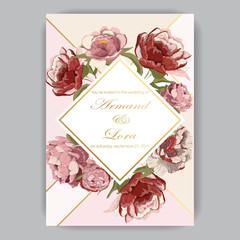Wedding invitation with hand-drawn peonies red, pink, beige on light background