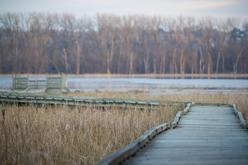 Curved boardwalk walking path to an observation deck - in the fall on the Minnesota River in the Minnesota Valley National Wildlife Refuge