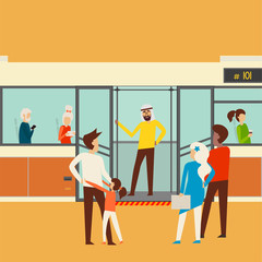 Flat editable vector illustration, clip art of people man and woman expect, go in and out public transport, metro, bus, train. Travelling millennials.