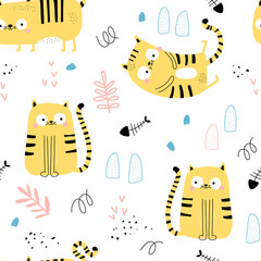 Seamless pattern with cute abstract cats