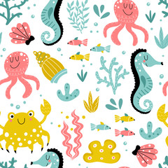 Seamless background with sea animals