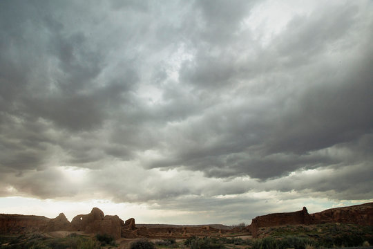 Cloudy sky over rock formations, Chaco Canyon, New Mexico, United States