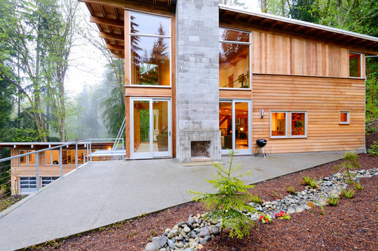 Outdoor fireplace of modern house