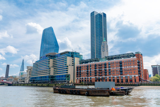 Panorama of south bank of the Thames River in central London, UK