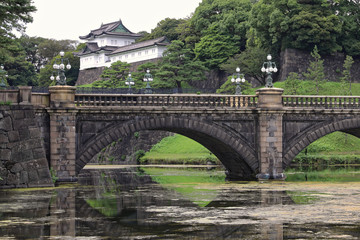 Tokyo, Japan - August 3, 2019: Tourists visit the Imperial Palace with Nijubashi Bridge in Tokyo